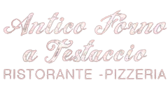Logo for Antico Forno a Testaccio restaurant. Script font in pale pink over white.  
