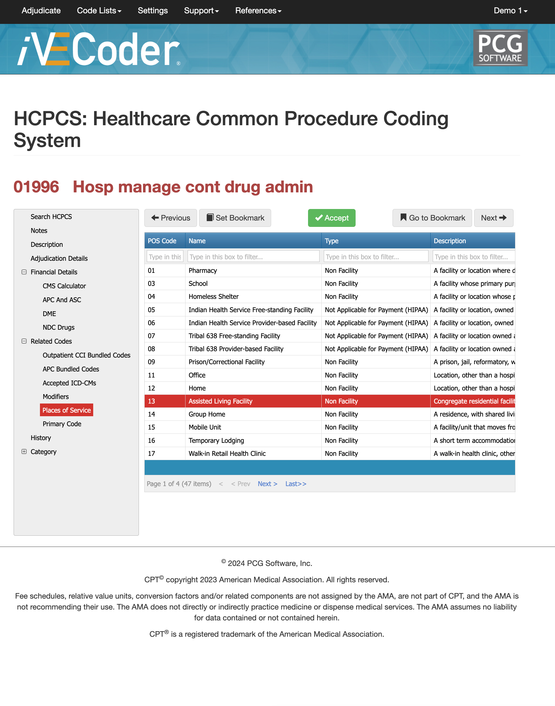 places of service for cpt code 01996