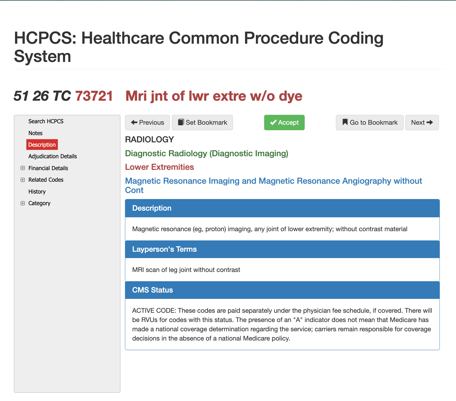 CPT code 73721, MRI lower extremity joint without contrast, 73721 billing and coding guide
