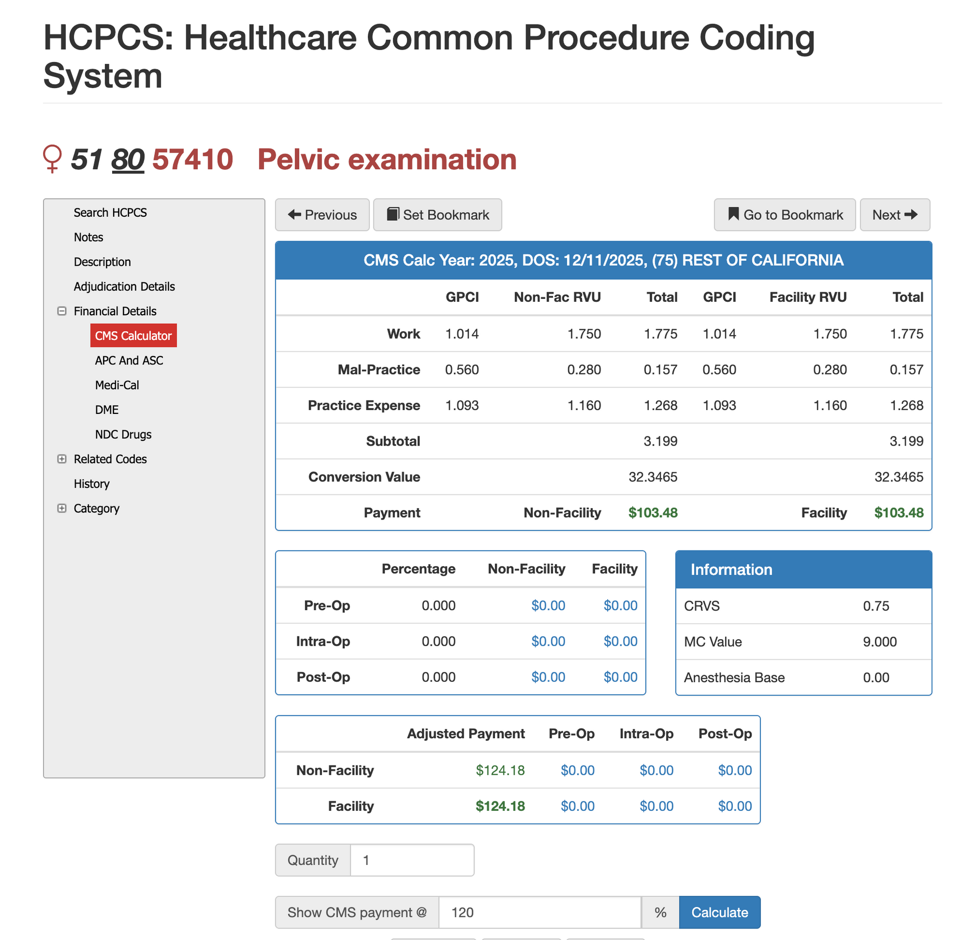 rvu for cpt code 57410