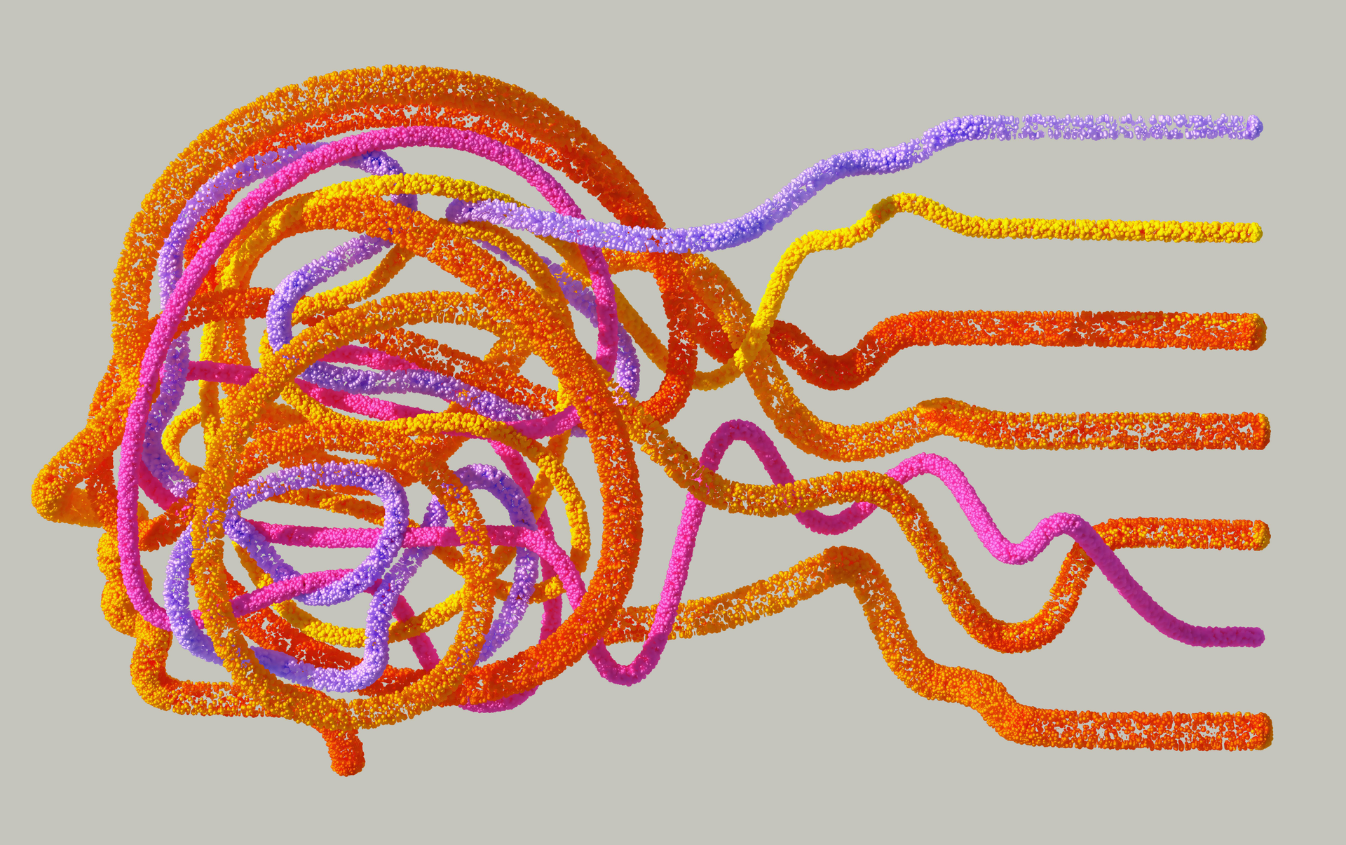 A profile of a head made of colorful tangled cords, some extend outward.