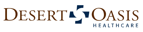 Logo for Desert Oasis Healthcare: Brown text with a blue and white plus sign;
