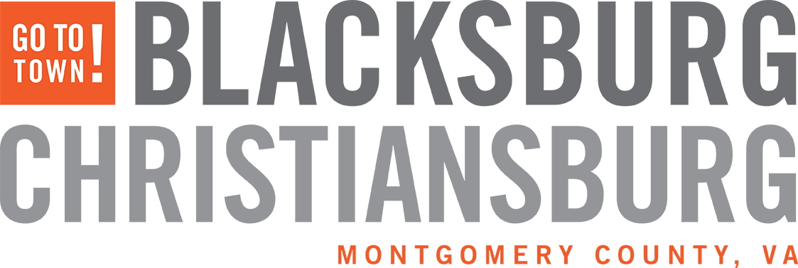 Logo for Blacksburg and Christiansburg, Virginia. Features the words in gray text with an orange box that says 