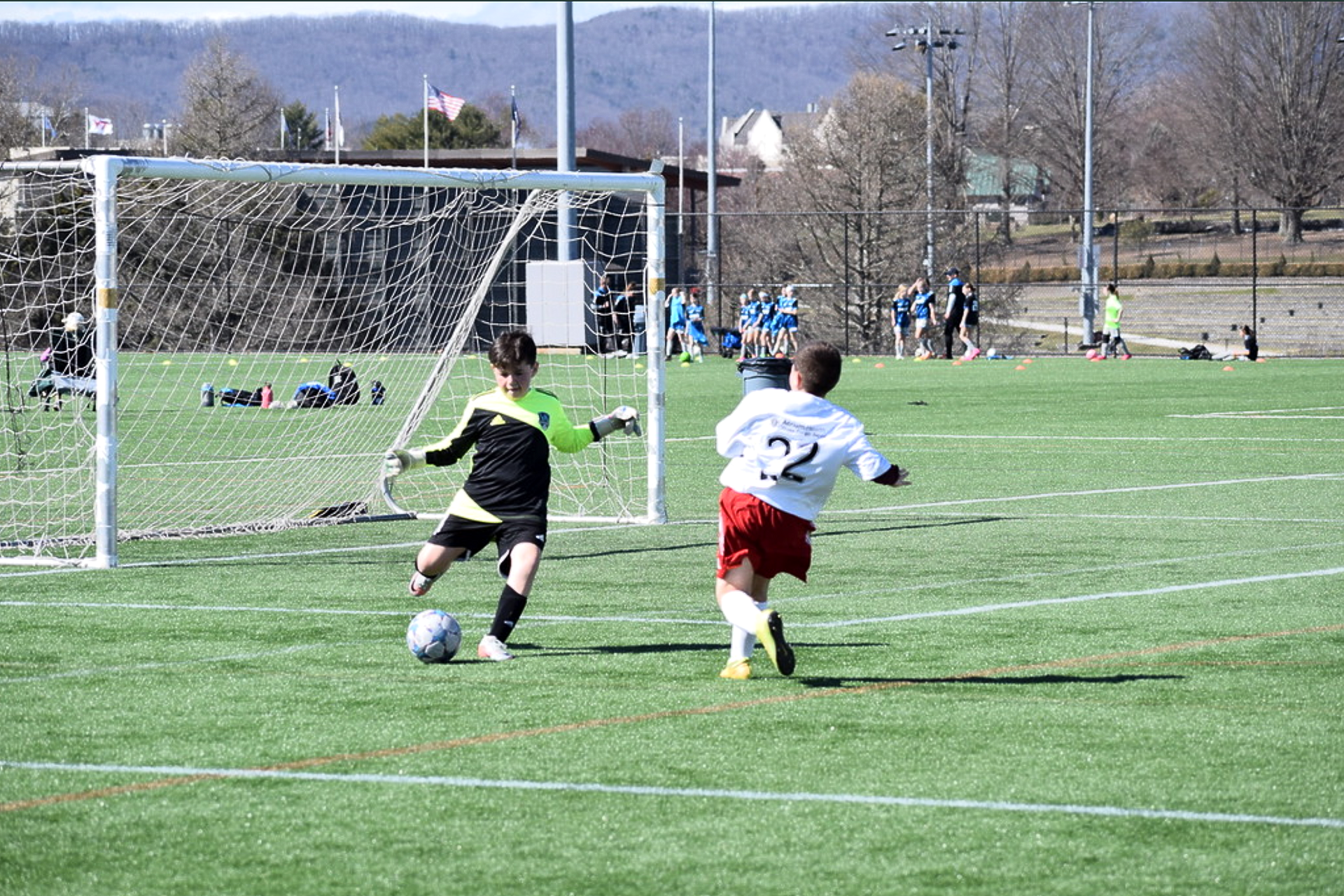 Soccer game: Goalie defends a shot as a player in red runs toward the goal on a green field.