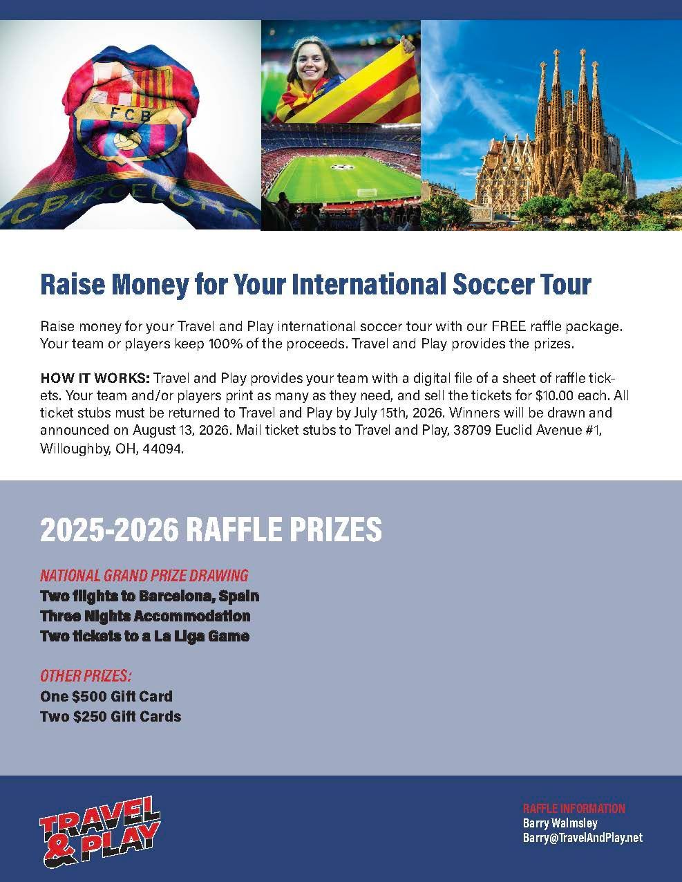 Soccer tour fundraiser flyer with travel images and prize details.
