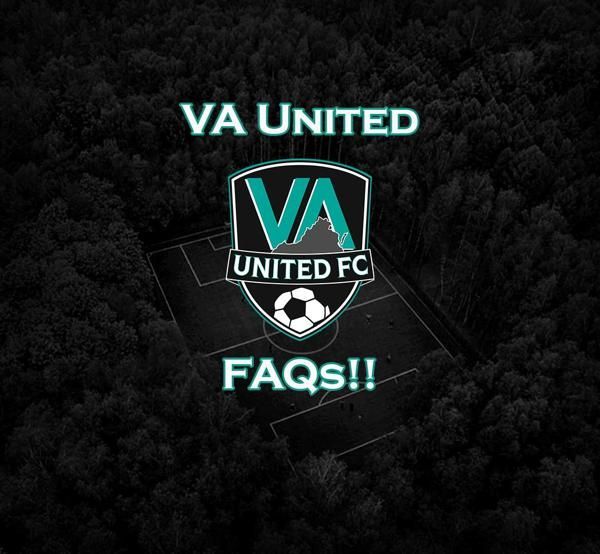 VA United soccer logo with FAQs over a dark aerial view of a soccer field and forest.