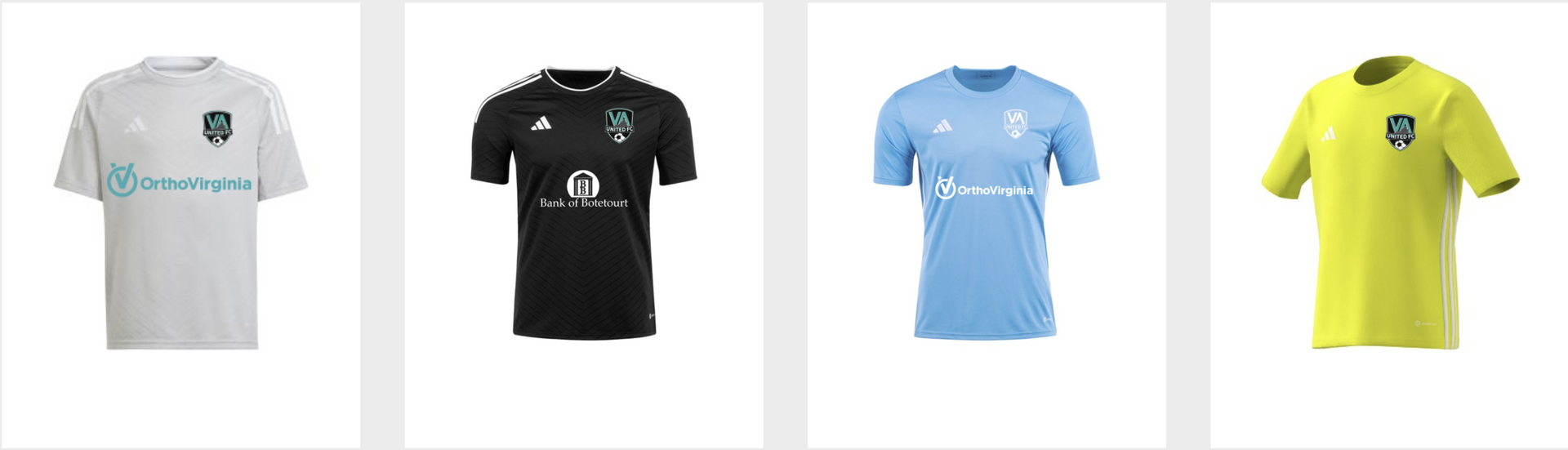 Four soccer jerseys: white, black, light blue, and yellow with team logos and sponsor graphics.
