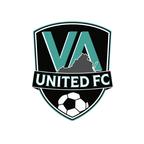 Logo for VA United FC soccer club: black and turquoise shield with “VA” and a state outline.