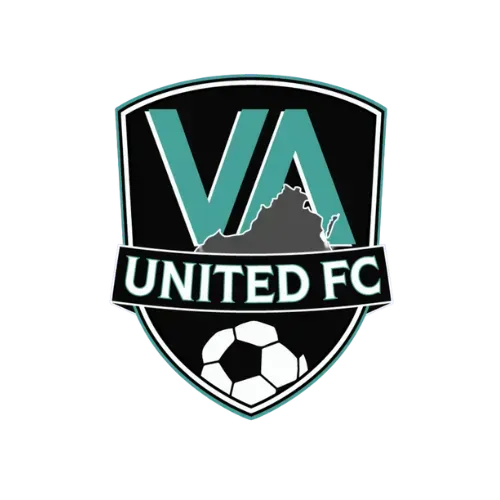 Logo for VA United FC: Black and teal shield with "VA," Virginia outline, soccer ball, and "UNITED FC."