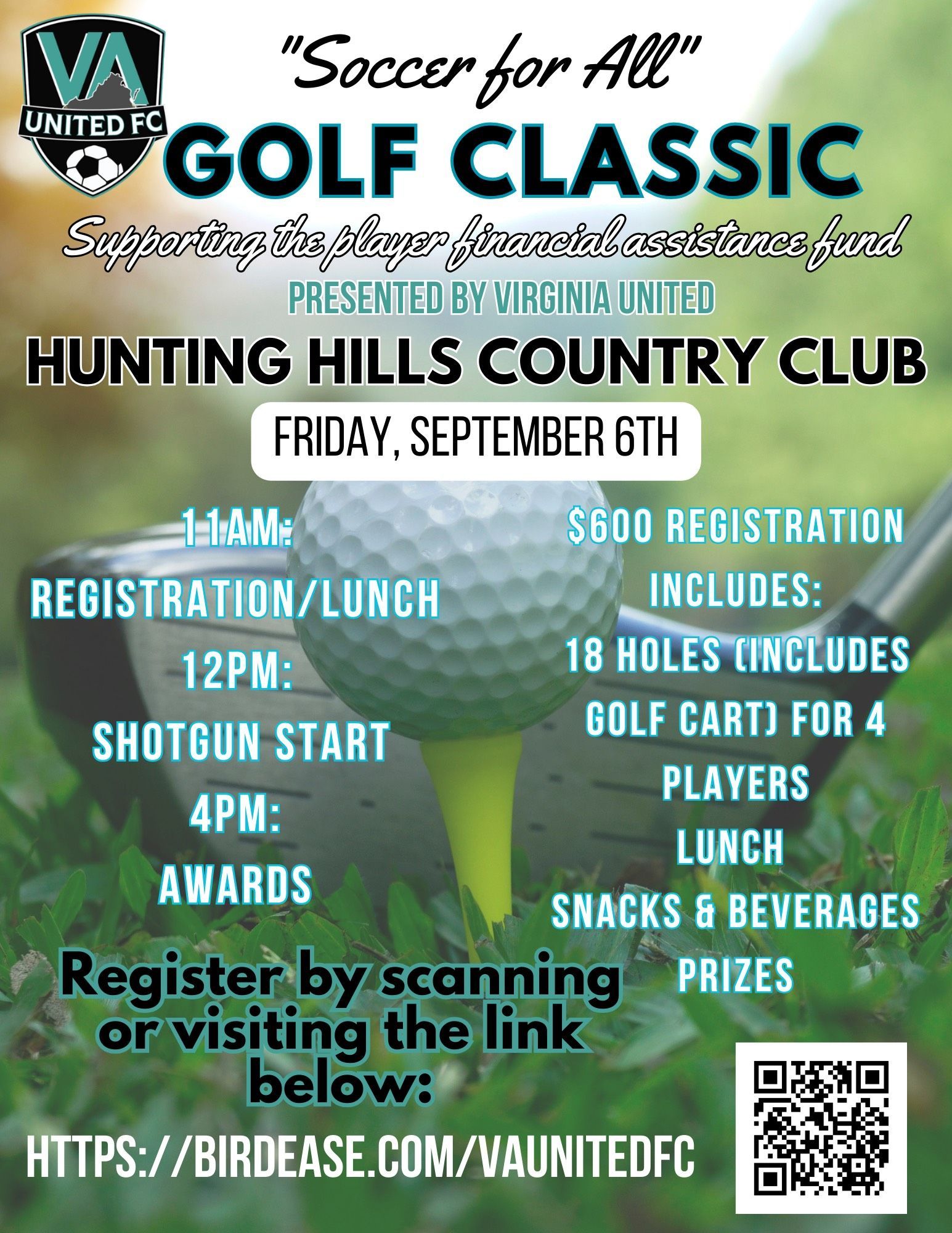Golf Classic event flyer for VA United. Includes date, location, registration details and a QR code.