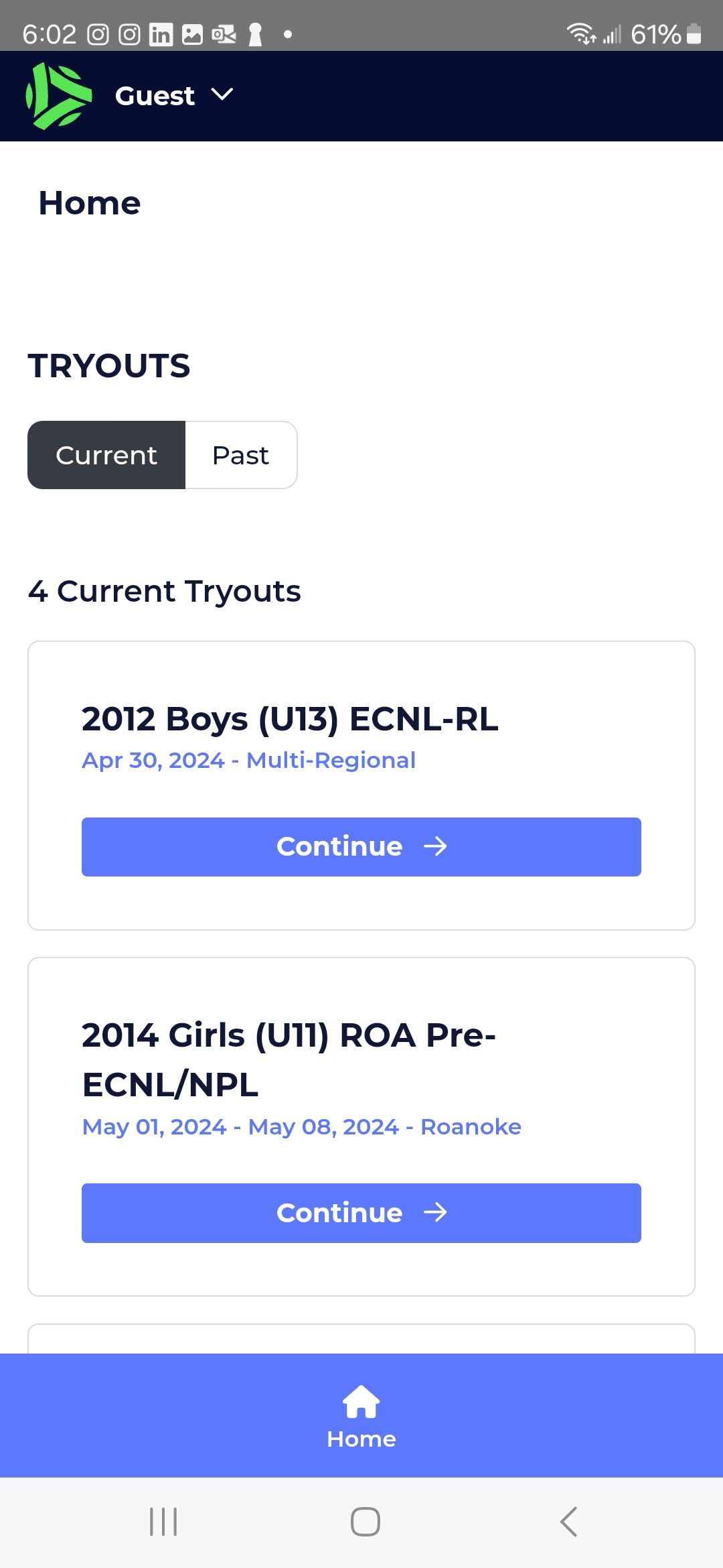 Mobile screen showing tryouts for soccer teams. Options include: 2013 Boys (U13) ECNL-9 and 2014 G1-6 (U12) RDA Pre-DCNL/NPL.