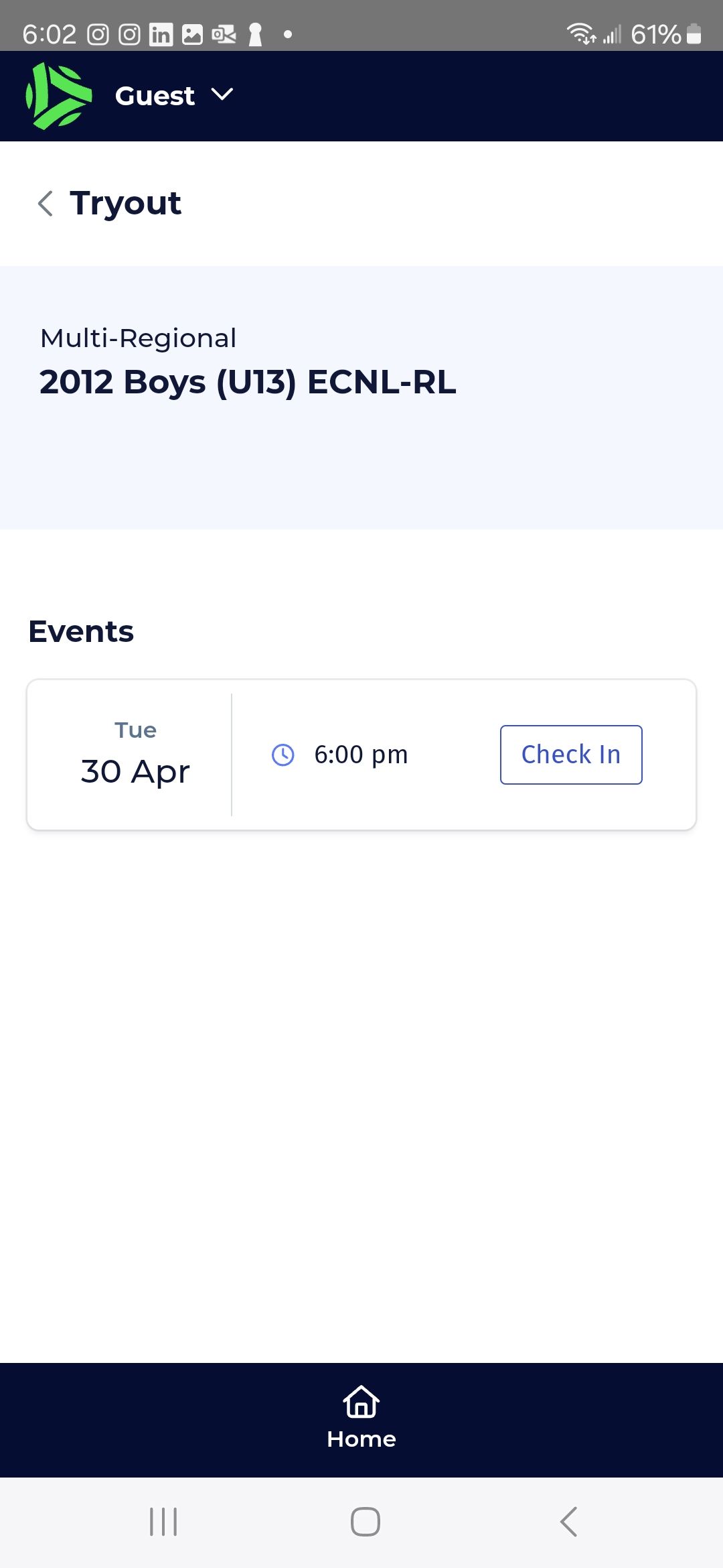 A mobile app displaying tryout details: a team name, events, and age group.