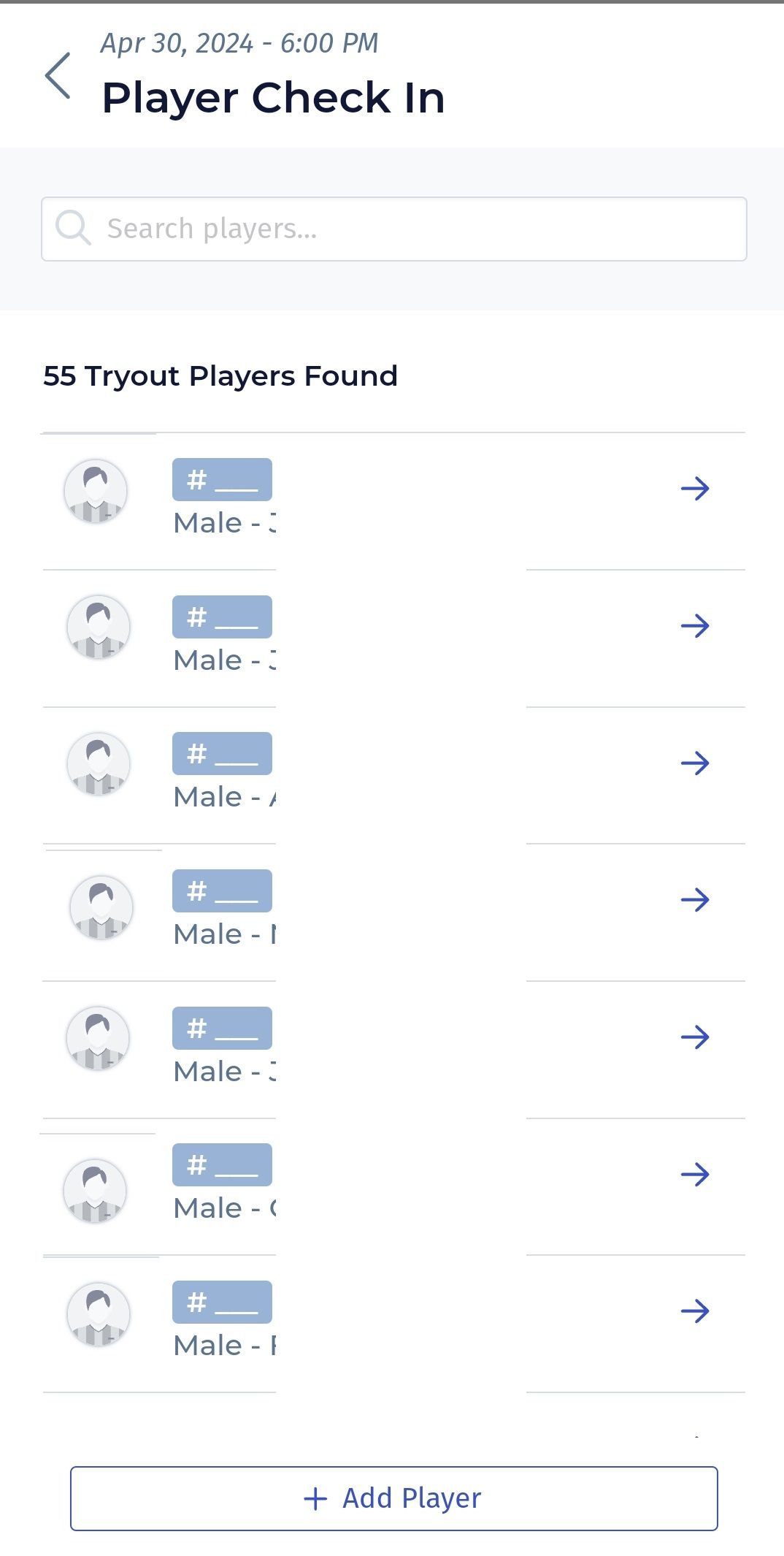 Player check-in screen, list of player names with 