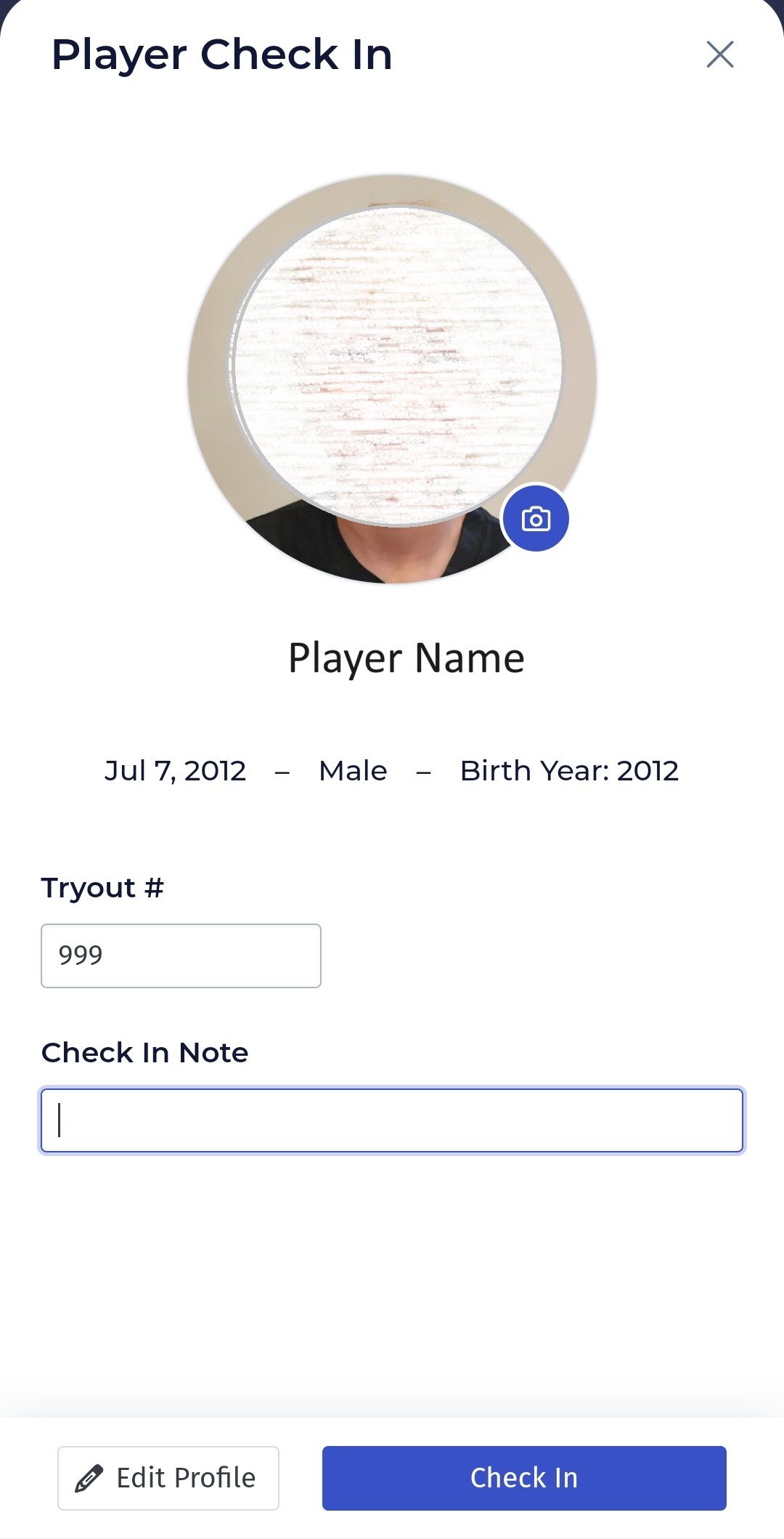 Player check-in screen: Player profile photo, name, check-in input, and buttons to edit or cancel.