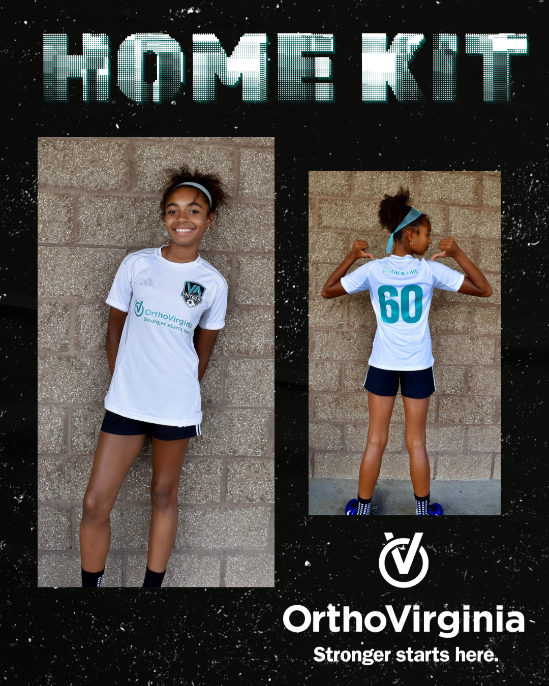 Home kit promotion with a girl in white soccer uniform with turquoise accents. She stands in front of a brick wall and has a number 60 on the back.