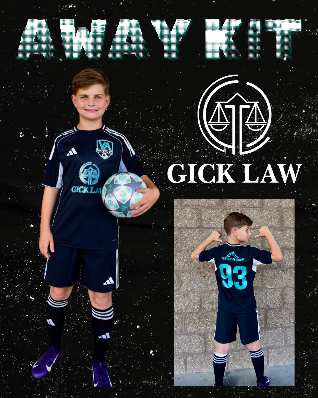 Boy in a dark blue soccer uniform holds a ball; the kit is sponsored by Gick Law.