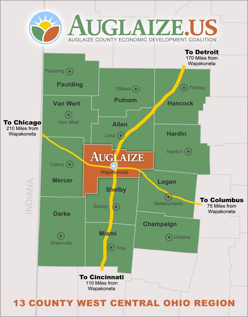 Map of Auglaize County and surrounding Ohio counties, with road routes to Detroit, Chicago, Columbus, and Cincinnati.