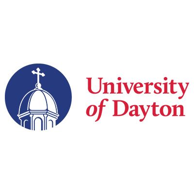 University of Dayton logo: Blue circle with white dome and cross, red text reads 
