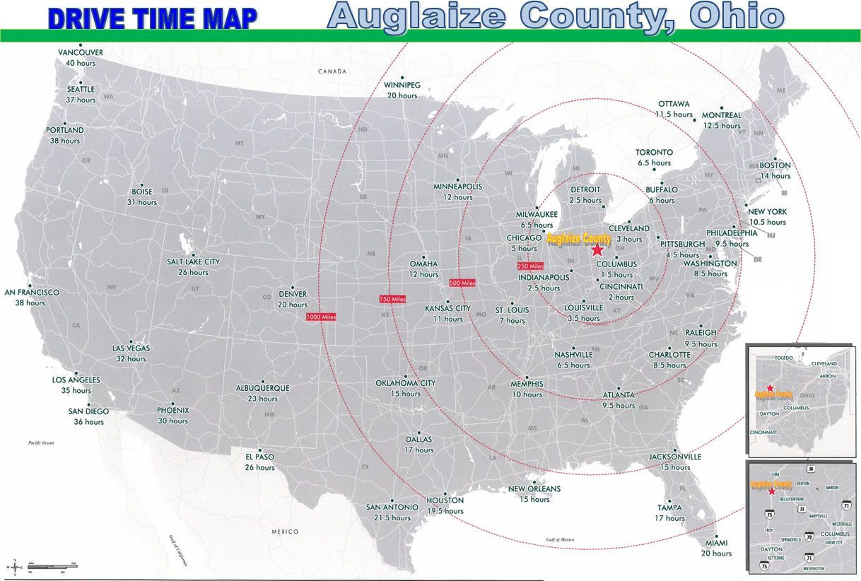 Drive time map centered on Auglaize County, Ohio, with concentric red circles illustrating driving distances across the US.