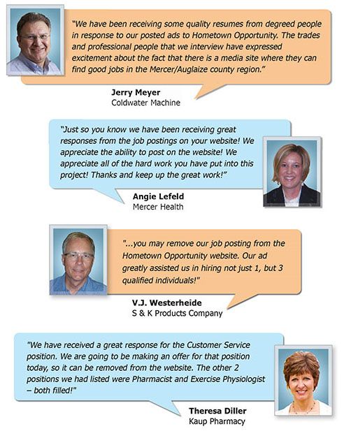 Testimonials from business representatives with photos and quotes about positive experiences with Hometown Opportunity.
