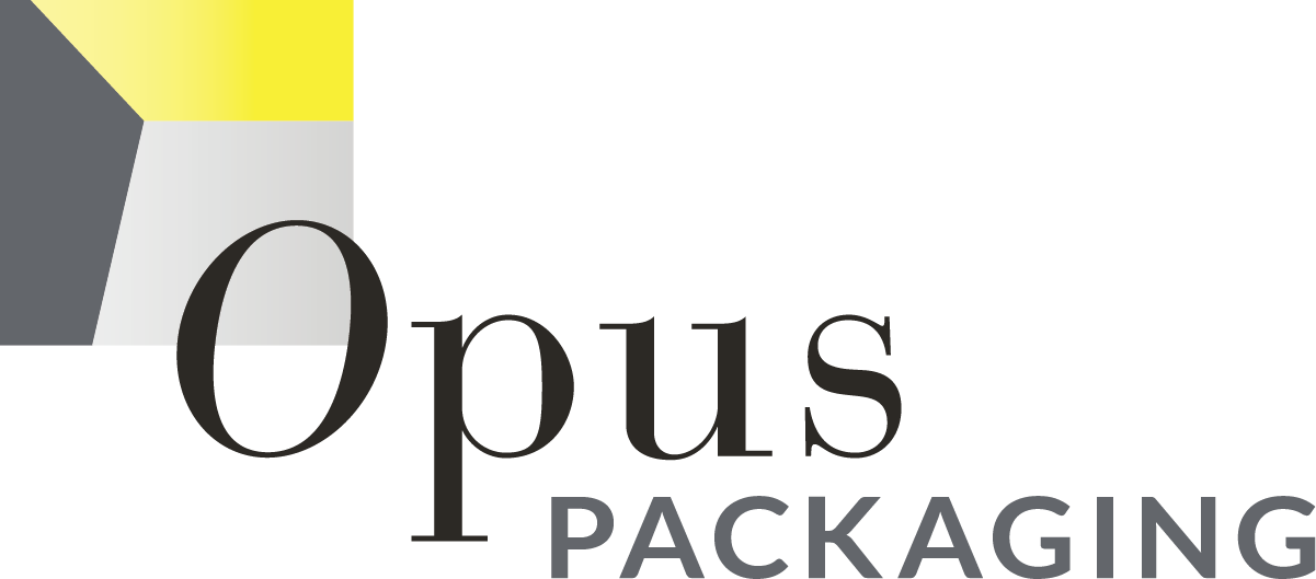 Logo for Opus Packaging, featuring a geometric shape in gray and yellow with the company name in black.
