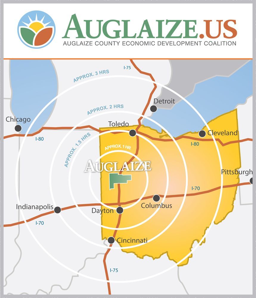 Map of Auglaize County, Ohio, with concentric circles indicating travel times to cities.
