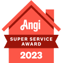 Angi Super Service Award 2023 red house-shaped badge with white text