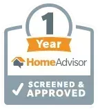 1 Year HomeAdvisor screened and approved badge with gray, orange, and white design