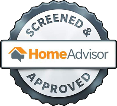 HomeAdvisor “Screened & Approved” badge in gray, white, orange, and blue