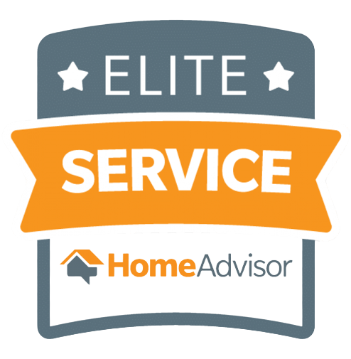 HomeAdvisor Elite Service badge in gray, orange, and white with stars and house logo