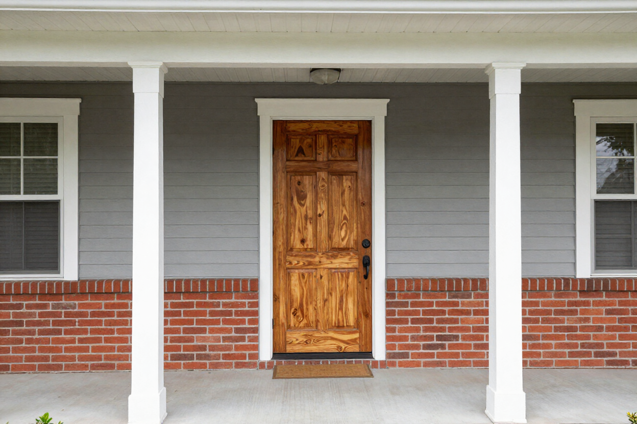 A front door and covered porch detail on a home with grey siding, white trim, red brick, a wooden front door.