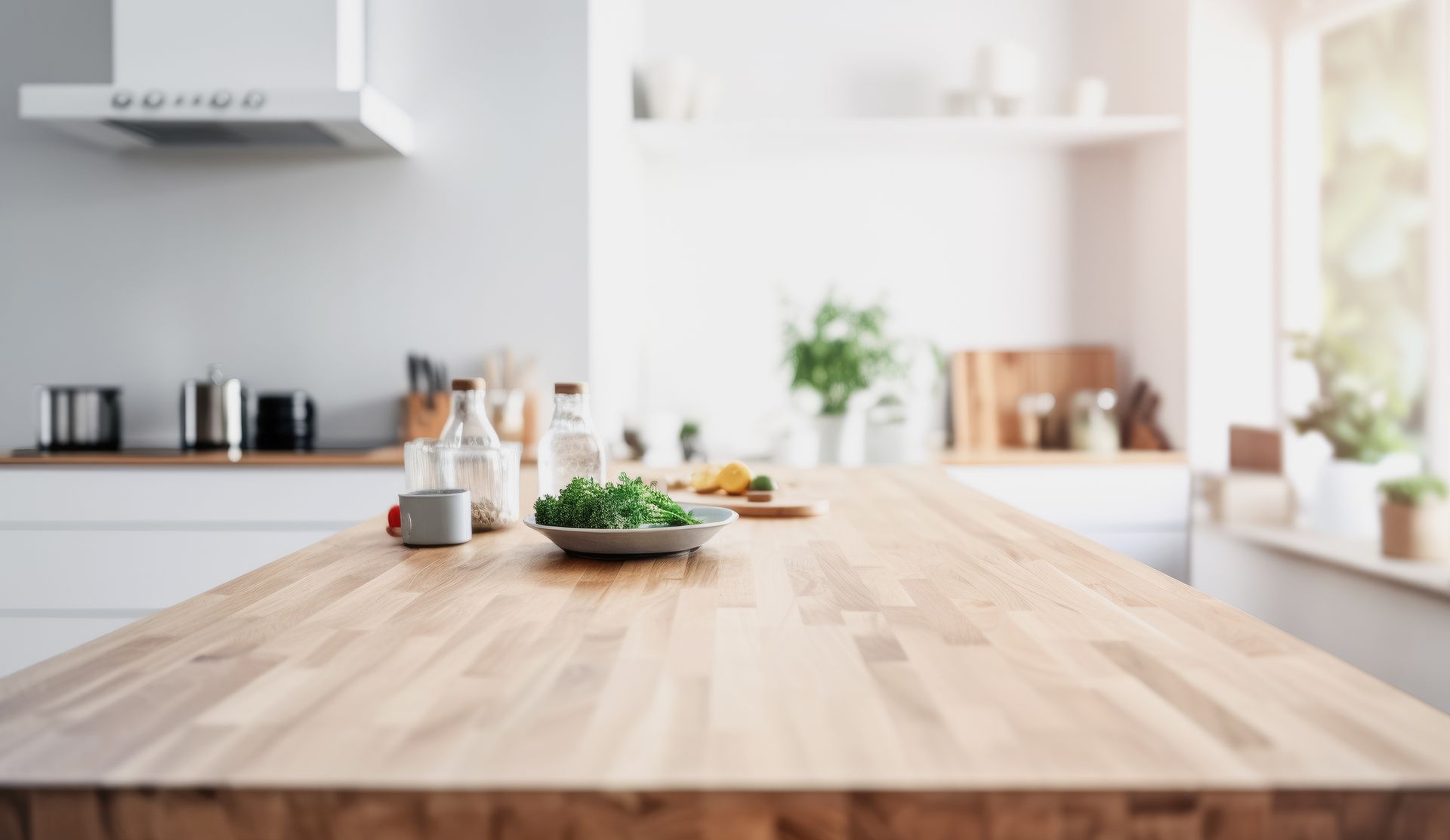Bright modern kitchen with a wooden countertop, small plants, jars, and daylight from the window.