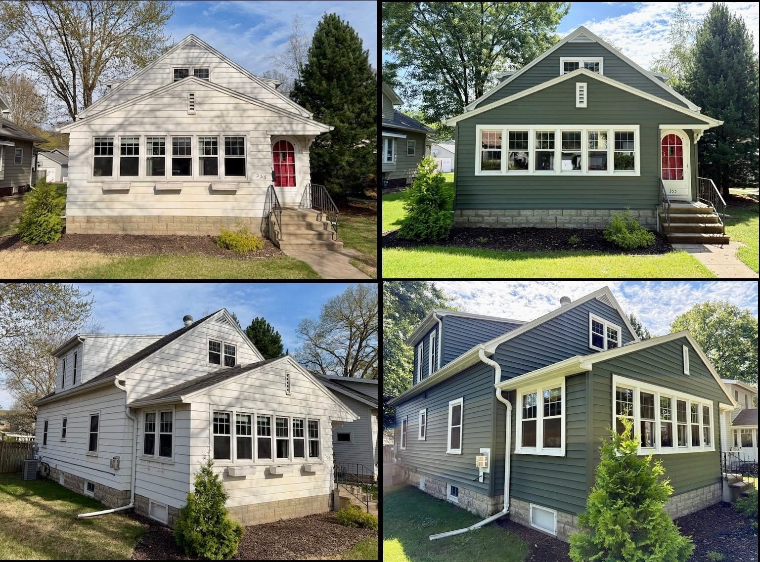 Four exterior views of a house before and after repainting, from light stone to dark green siding.