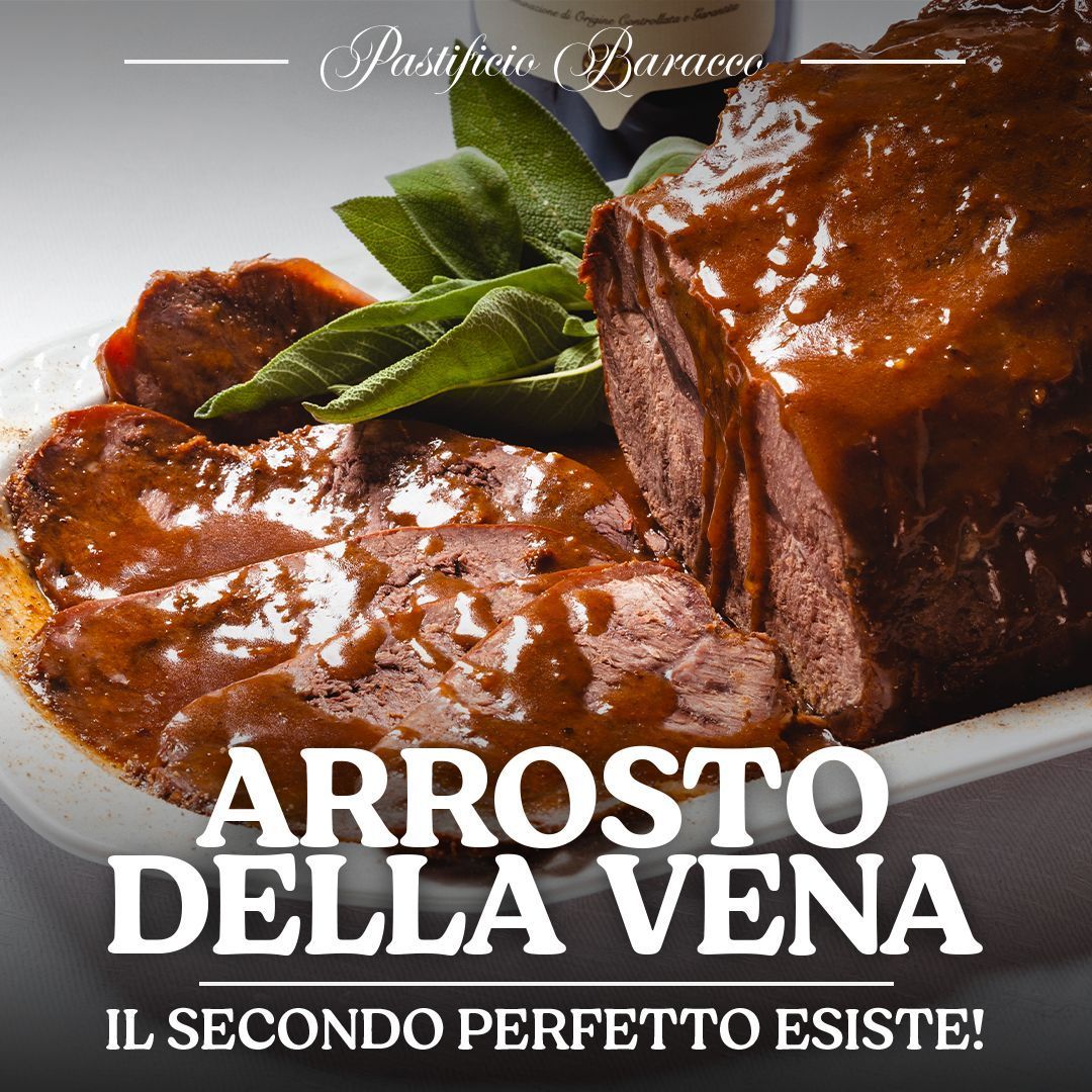 Roast beef con sugo di carne e basilico su un piatto, con sovrapposizione di testo italiano che dice “Arrosto della vena”