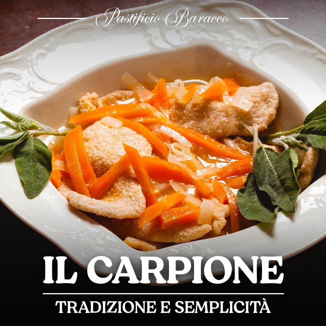 Carpione dish with fried fish and orange carrot strips on a white plate, labeled “IL CARPIONE” and “TRADIZIONE E SEMPLICITÀ”
