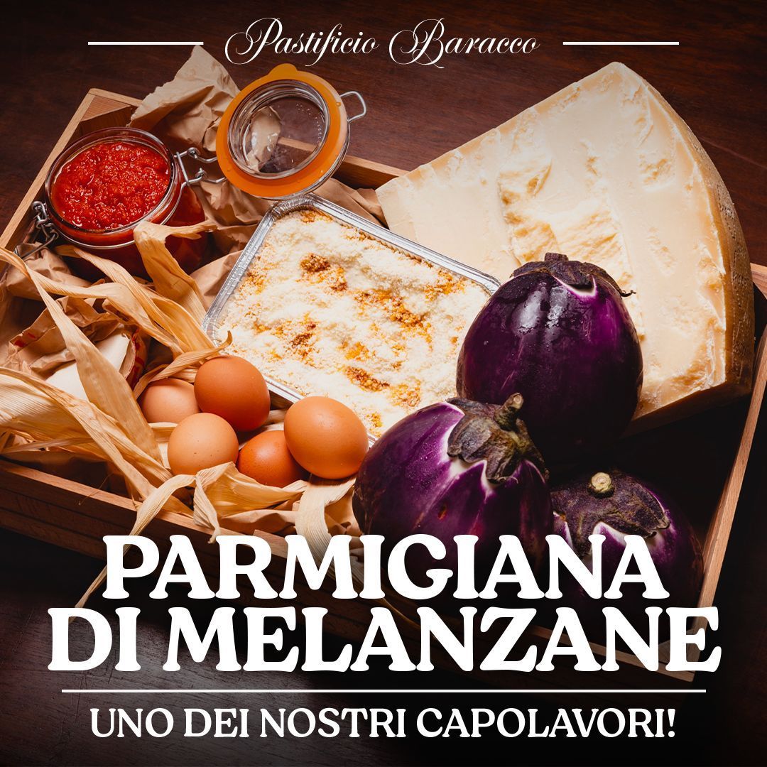 Ingredients for eggplant parmigiana with text “Parmigiana di melanzane” and “Uno dei nostri capolavori”