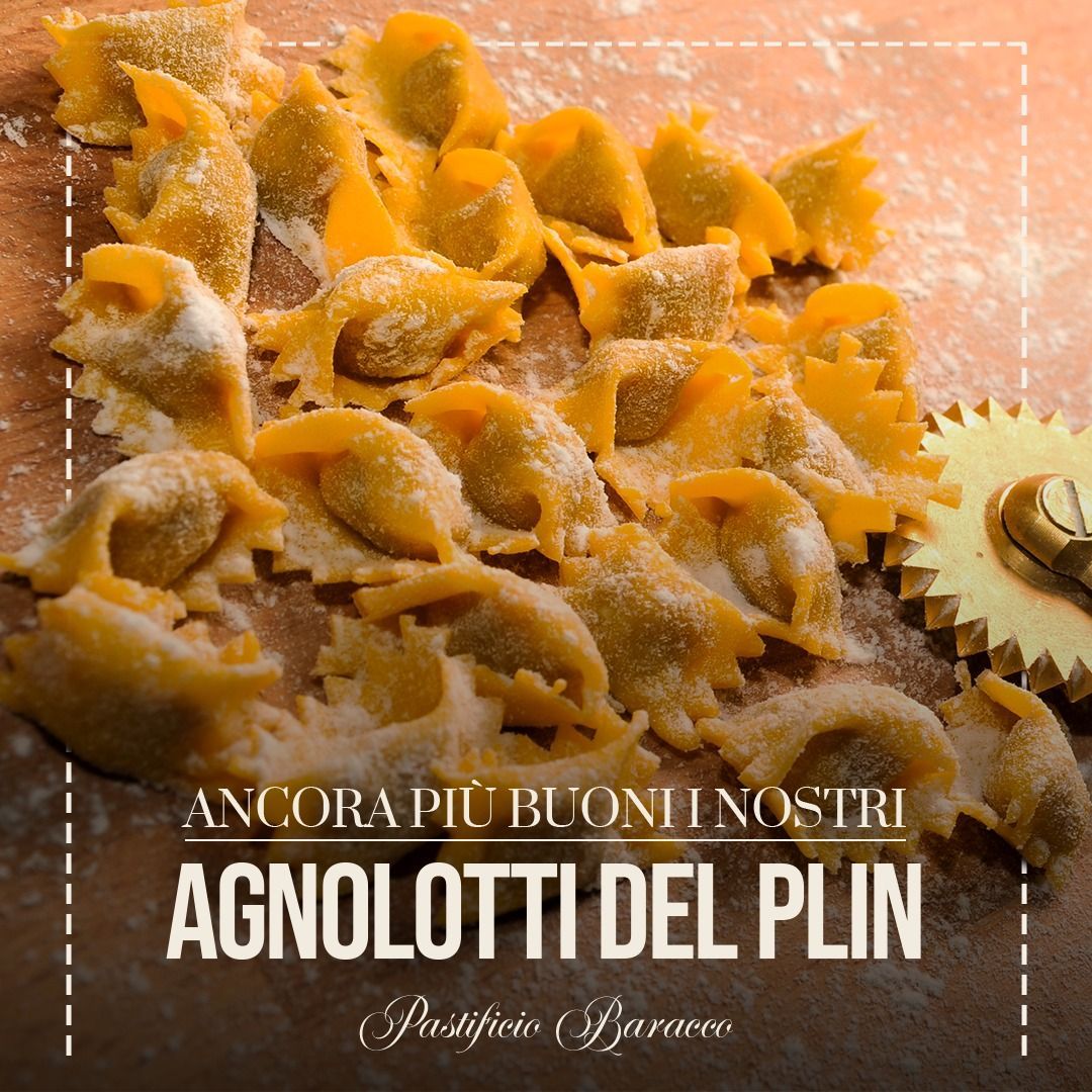 Close-up of agnolotti del plin pasta with text promoting Moretta Piemontese poultry
