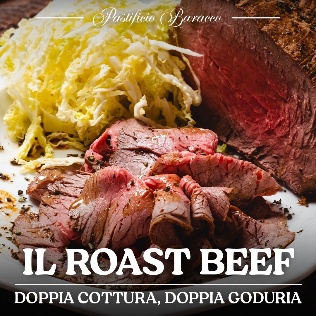 Roast beef a fette con purè di patate su un piatto bianco, con la scritta “IL ROAST BEEF” e “Doppia cottura, doppia goduria”.