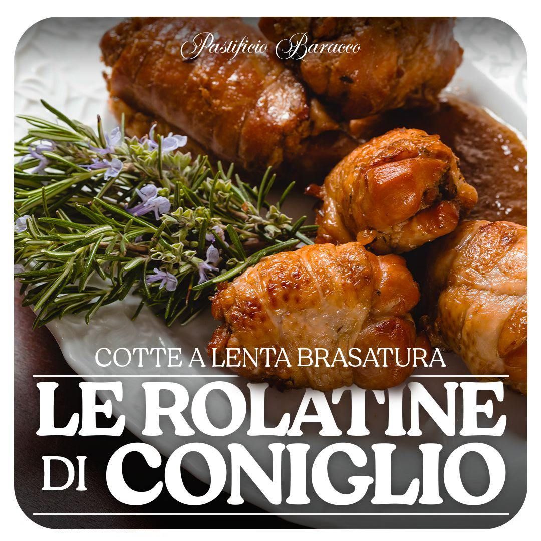 Confezione di prodotti alimentari italiani con involtini di coniglio arrosto e rosmarino, etichettata “Le Rotatine di Coniglio”