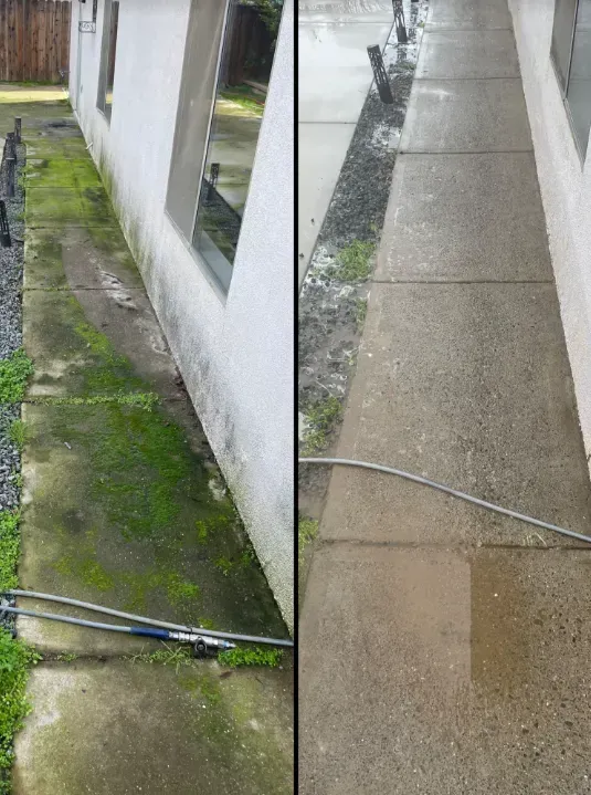 A before and after picture of a sidewalk being cleaned with a hose.