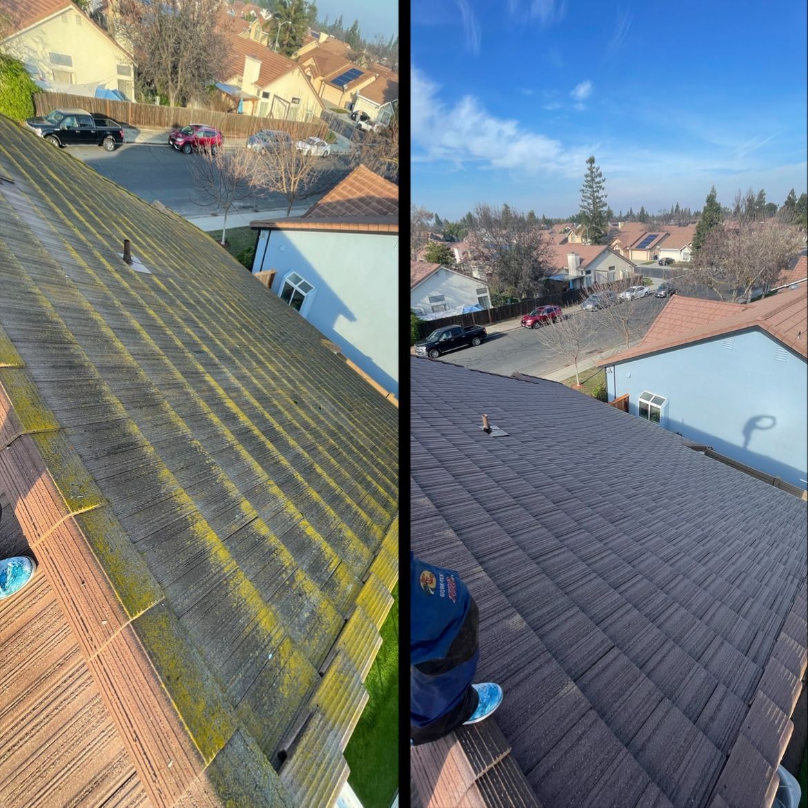 A person is cleaning a tiled roof with a high pressure washer.