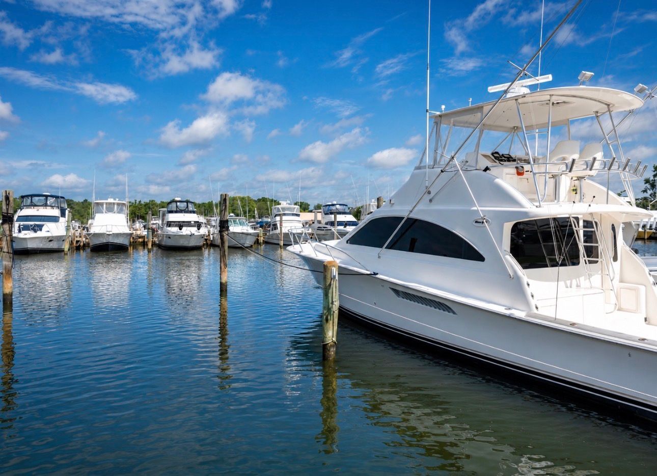 White yacht docked at a marina with other boats, calm water, and blue sky with clouds