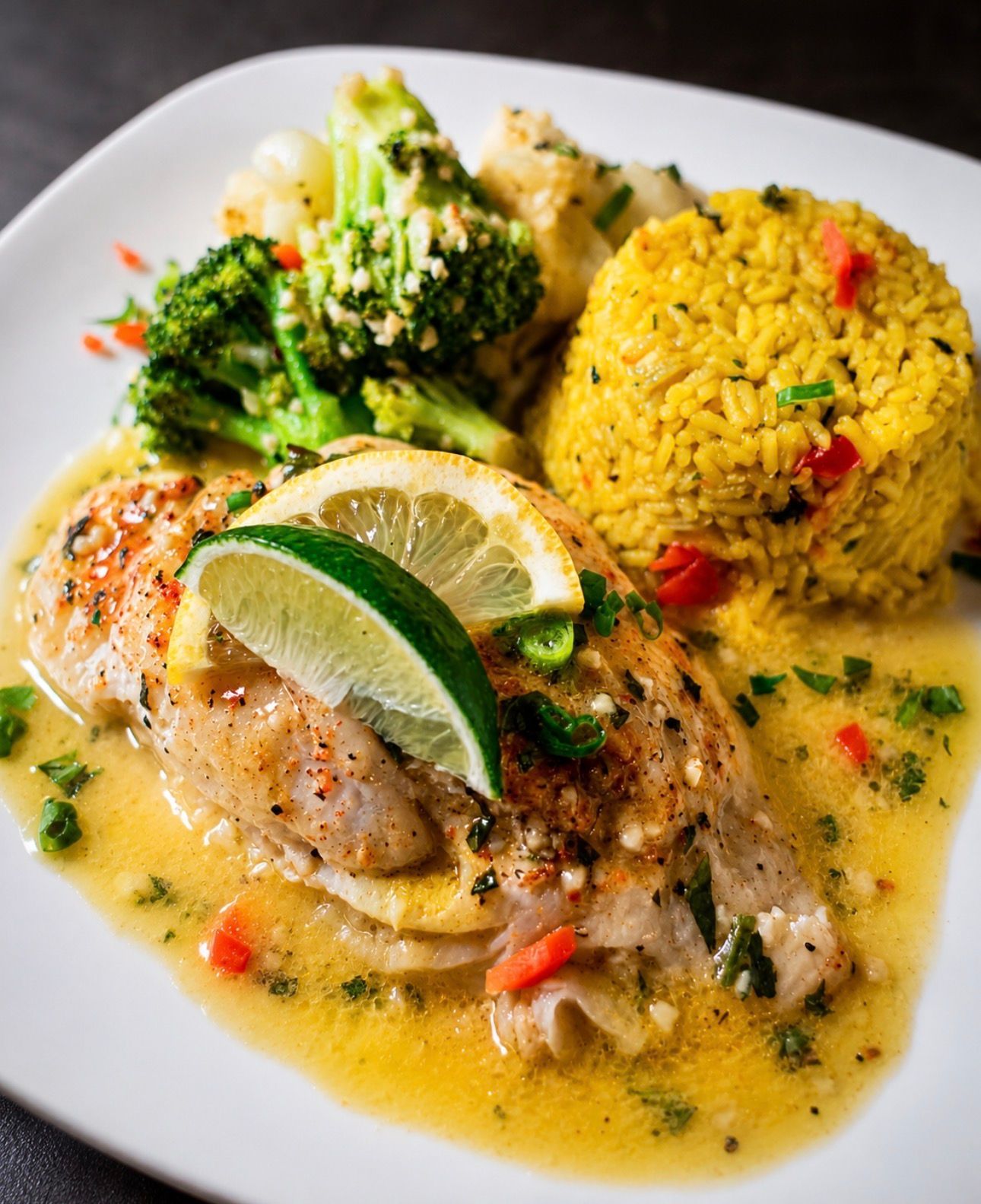 Chicken with lemon sauce, yellow rice, and broccoli on a white plate