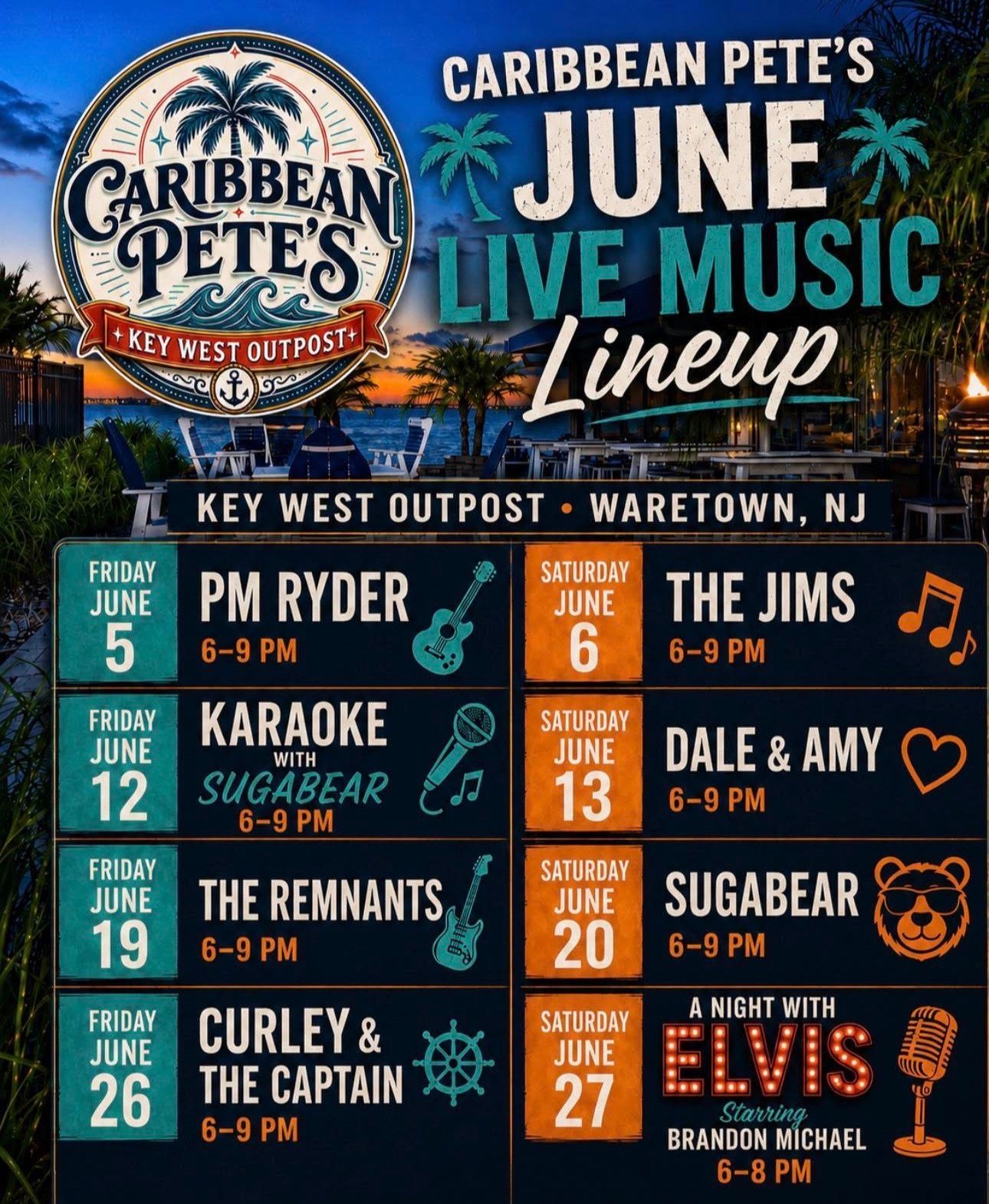 Caribbean Pete’s June live music lineup poster for Key West Outpost, with dates, bands, and times.