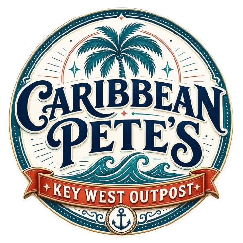 Caribbean Pete’s Key West Outpost logo with palm trees, waves, and an anchor in navy, teal, and red