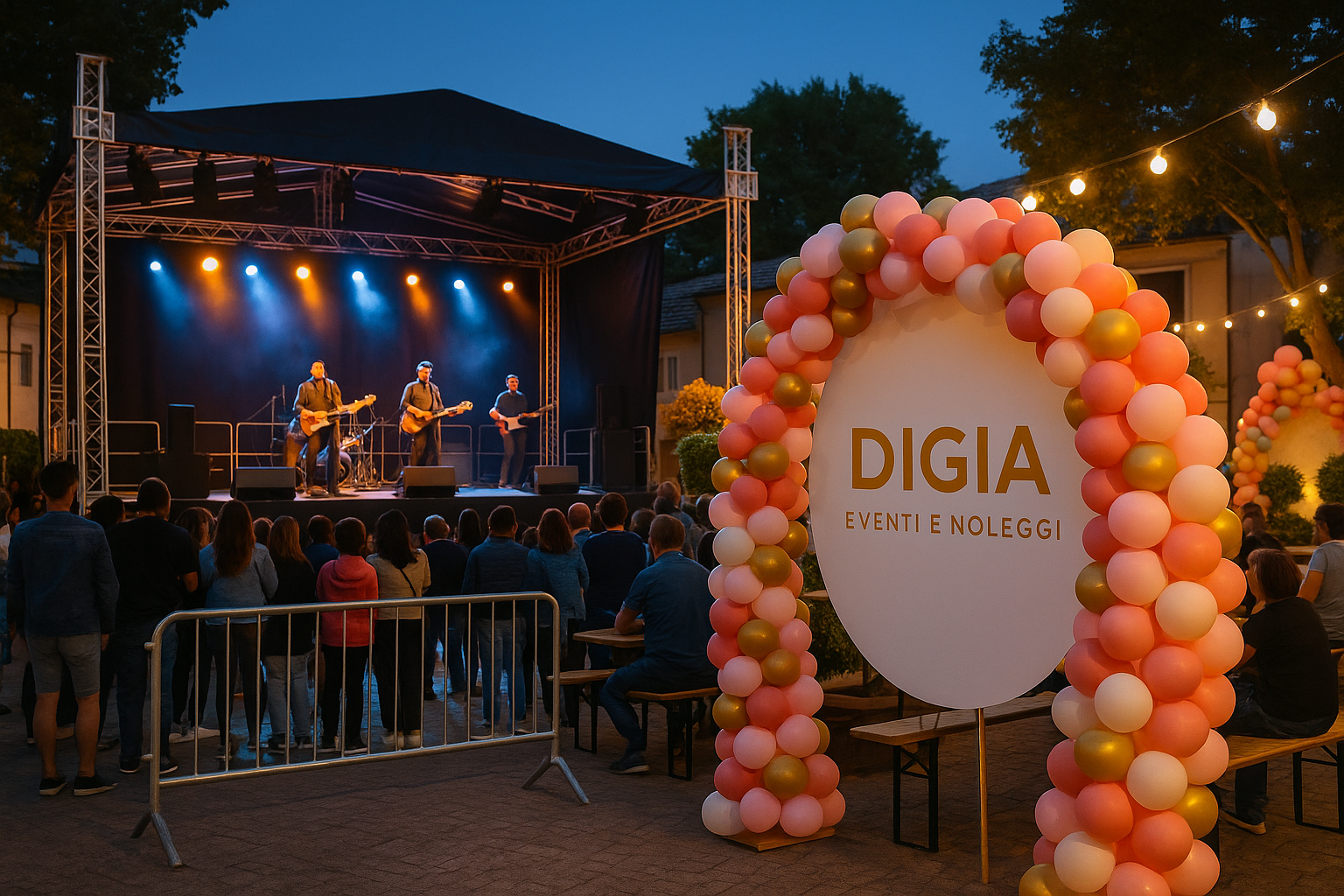 Un gruppo di persone è in piedi davanti a un palco con palloncini e un cartello che dice digia
