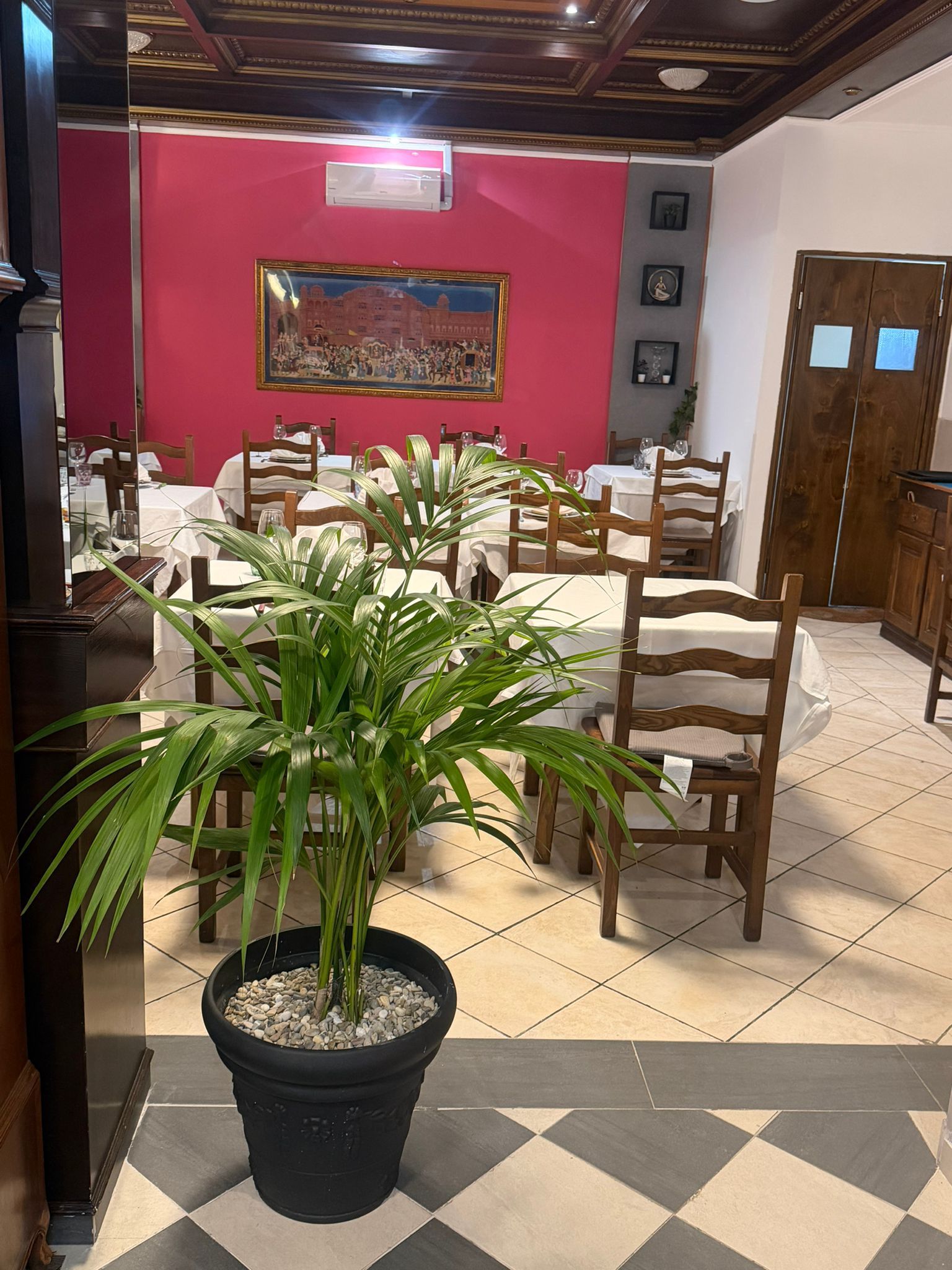 Sala da pranzo vuota di un ristorante con tavoli e sedie in legno, pareti rosa e una pianta in vaso in primo piano.