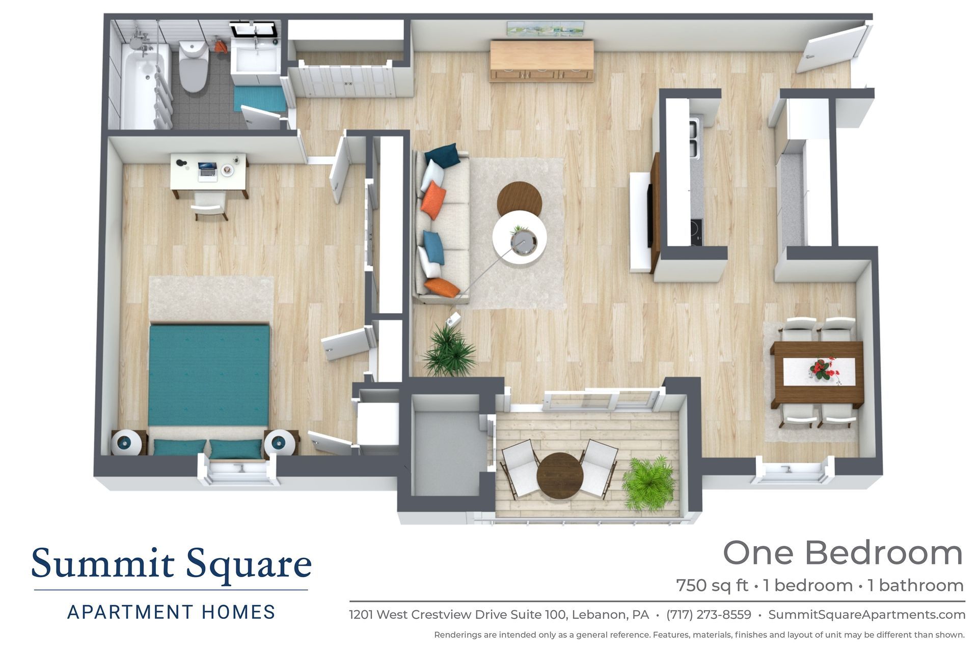 One-bedroom apartment floor plan with 750 square feet and 1 bathroom