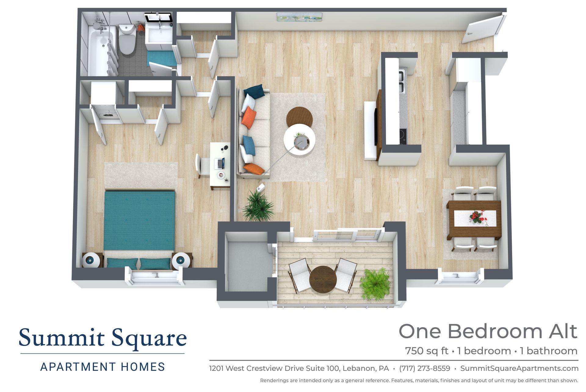 Alternate one-bedroom apartment floor plan with 750 square feet and 1 bathroom