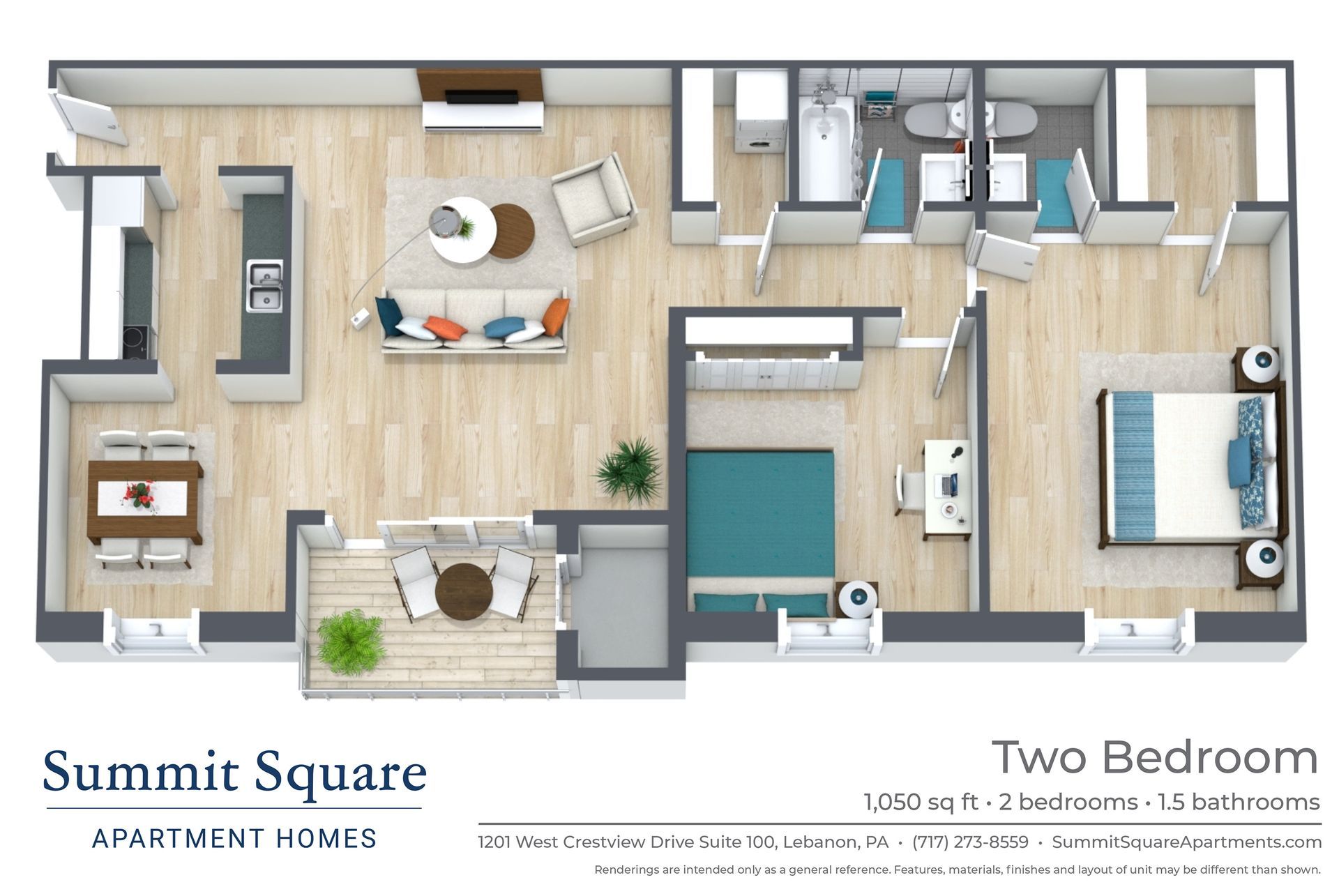 Alternate two-bedroom apartment floor plan with 1,050 square feet and 1.5 bathrooms